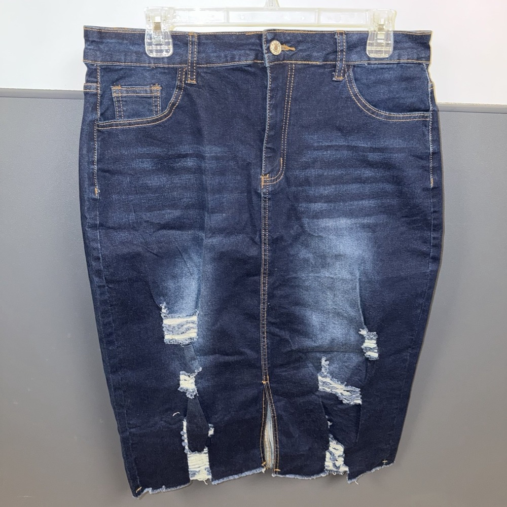 Zmtuo Jean Skirt Womens XXL Dark Wash Distressed Denim Frayed Hem Front Slit 29"